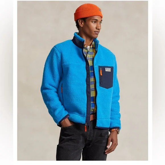 Polo Ralph Lauren Blue Sherpa Fleece Jacket with Navy Pocket - Picture 10 of 13